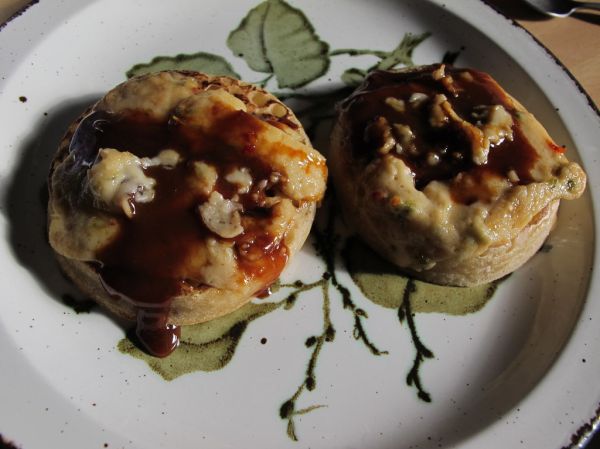 Crumpets with pepperjack soy cheeze, Marmite & linseed (omega 3, 6, 9) oil